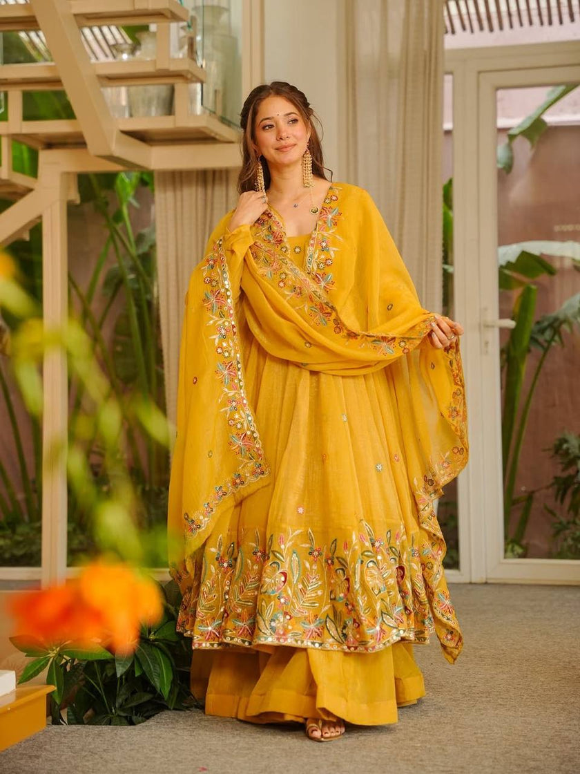 Mustard Yellow Floral Embroidered Anarkali Kurta Set With Dupatta.