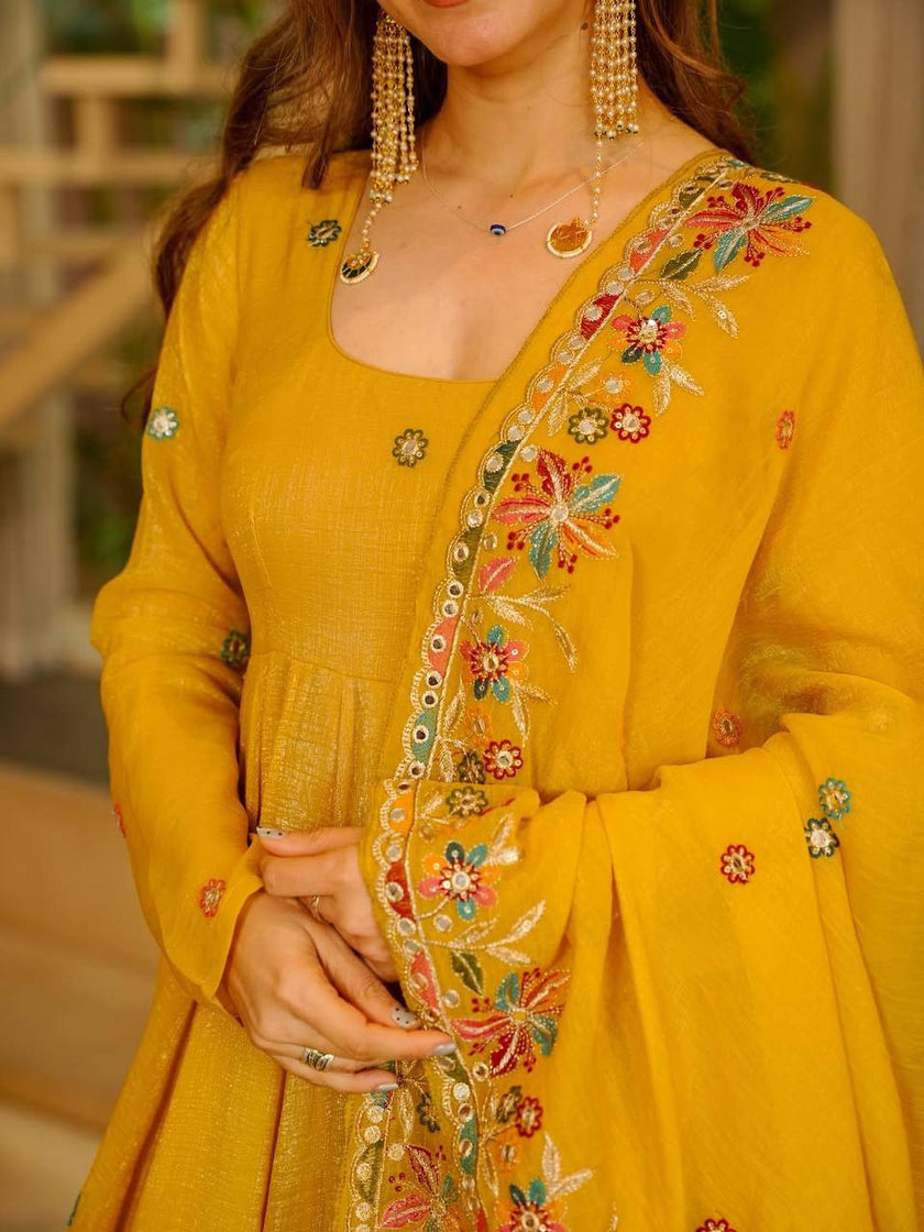Mustard Yellow Floral Embroidered Anarkali Kurta Set With Dupatta.