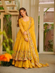 Mustard Yellow Floral Embroidered Anarkali Kurta Set With Dupatta.