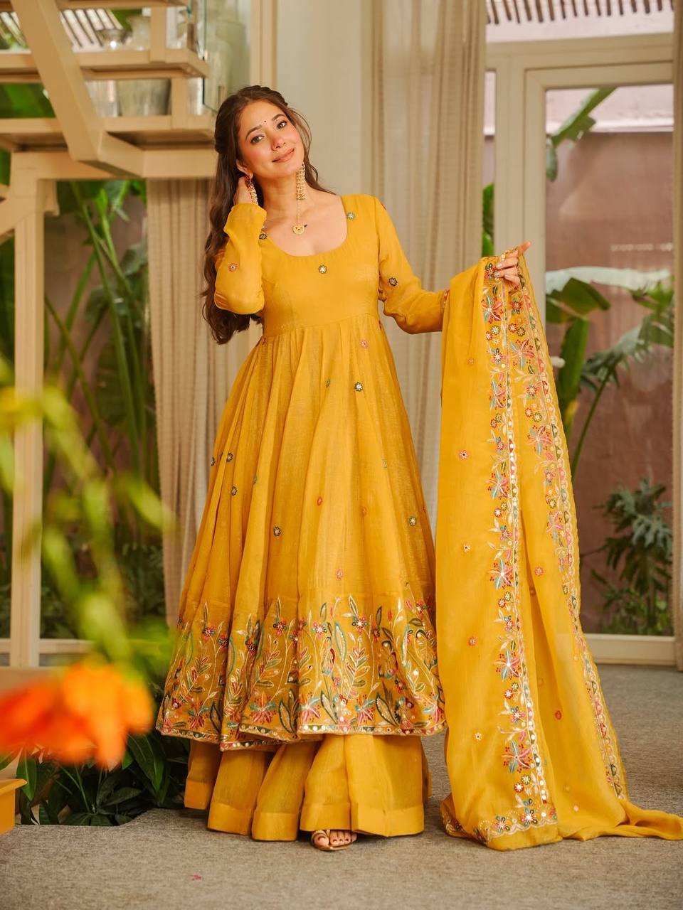Mustard Yellow Floral Embroidered Anarkali Kurta Set With Dupatta.