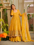 Mustard Yellow Floral Embroidered Anarkali Kurta Set With Dupatta.