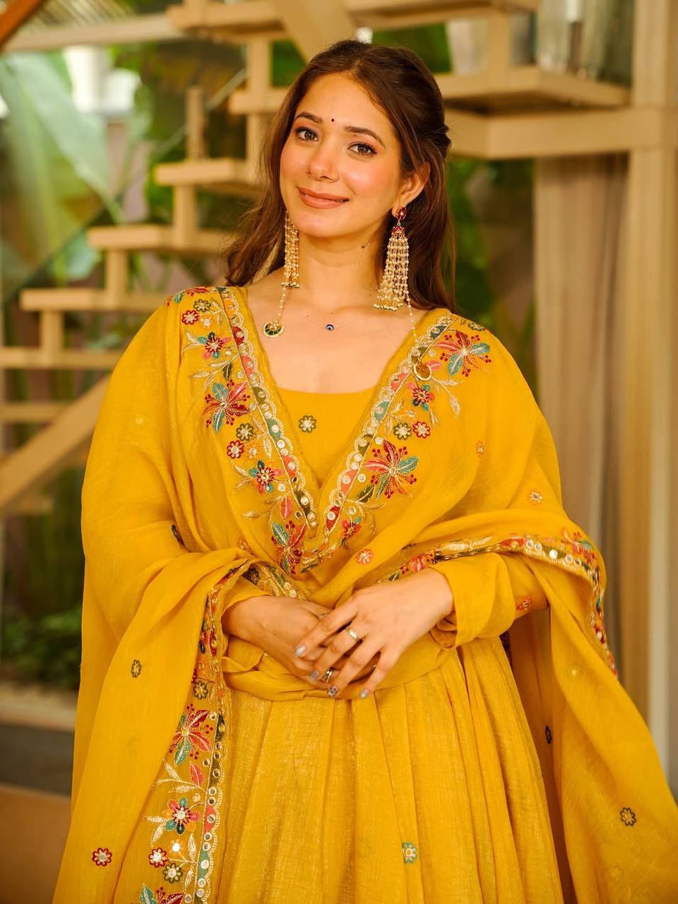 Mustard Yellow Floral Embroidered Anarkali Kurta Set With Dupatta.