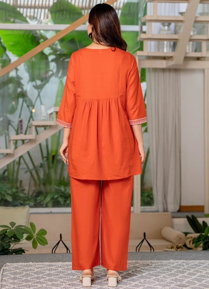 Orange Embroidered Kurta Palazzo Co-Ord Set for Women.