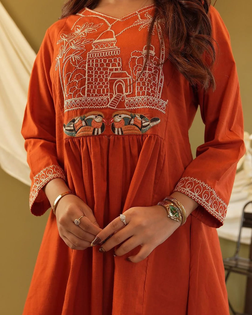 Orange Embroidered Kurta Palazzo Co-Ord Set for Women.