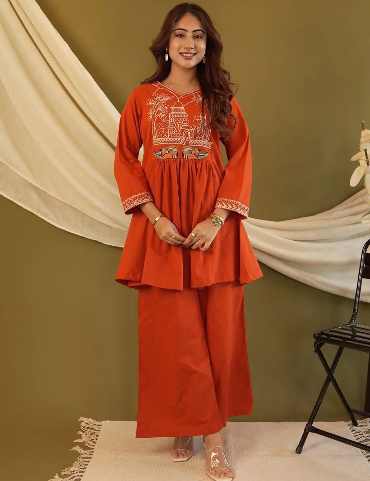 Orange Embroidered Kurta Palazzo Co-Ord Set for Women.