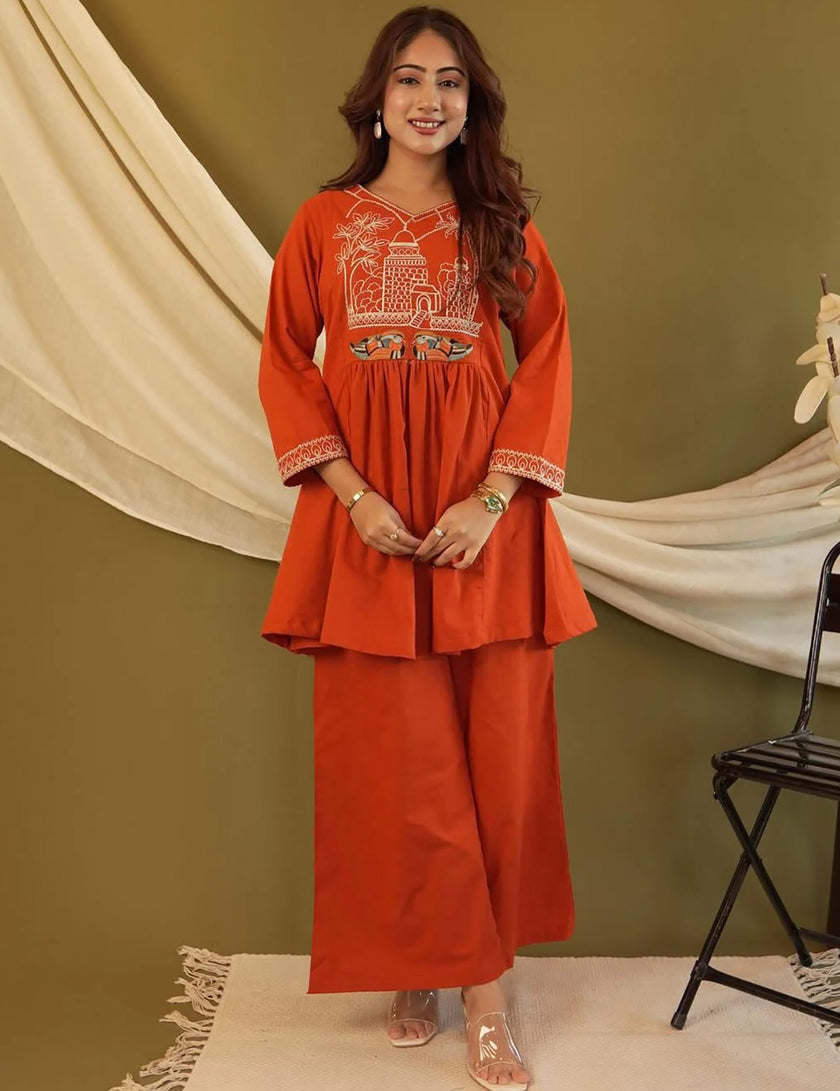 Orange Embroidered Kurta Palazzo Co-Ord Set for Women.