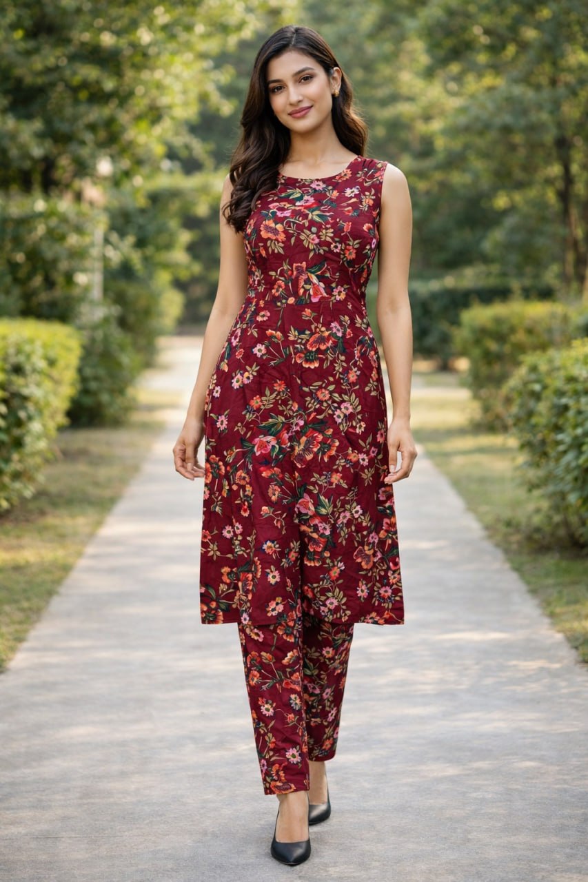 Stylish Maroon Printed Kurta with Pants.