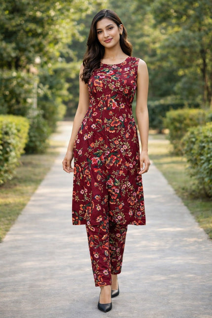 Stylish Maroon Printed Kurta with Pants.