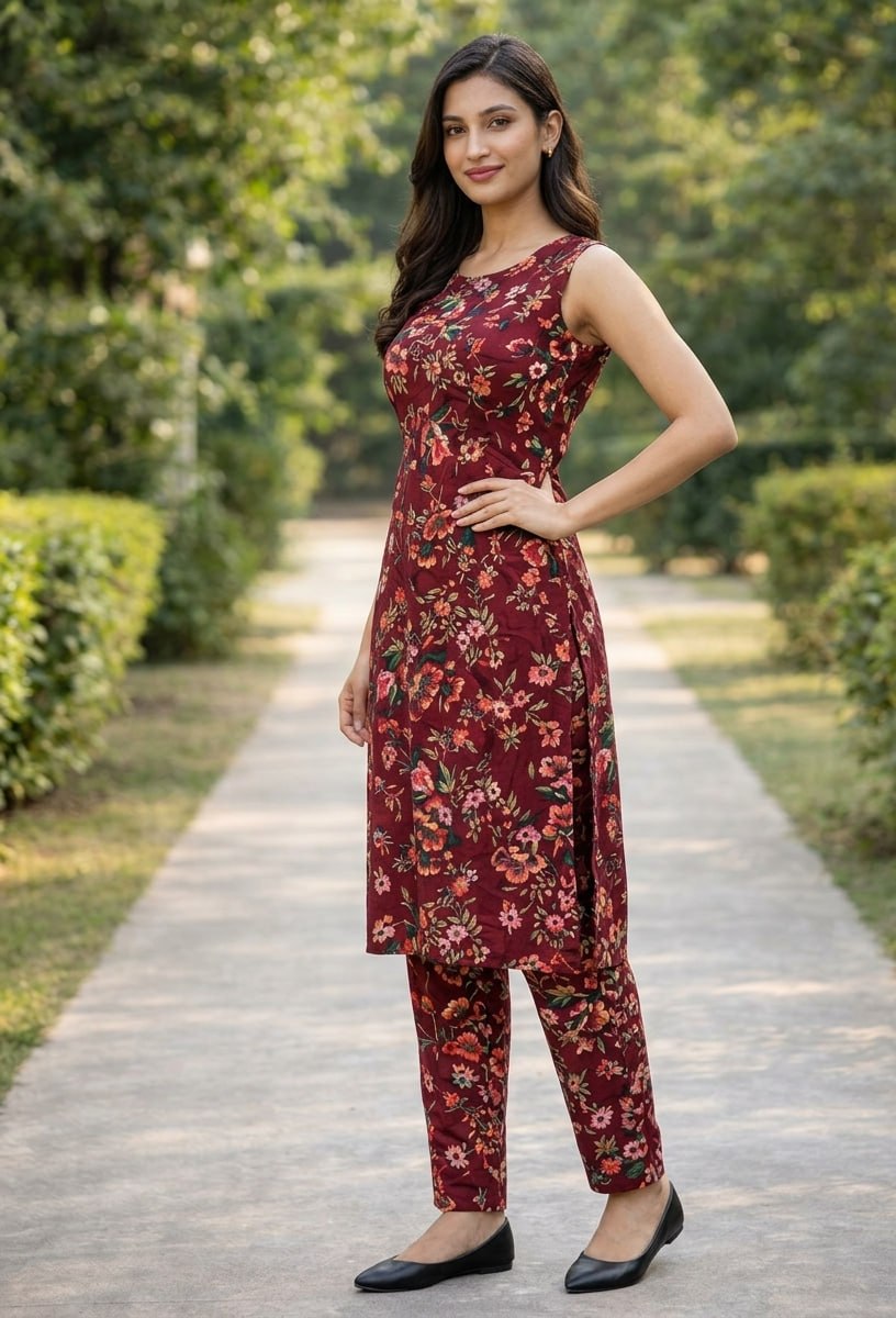 Stylish Maroon Printed Kurta with Pants.