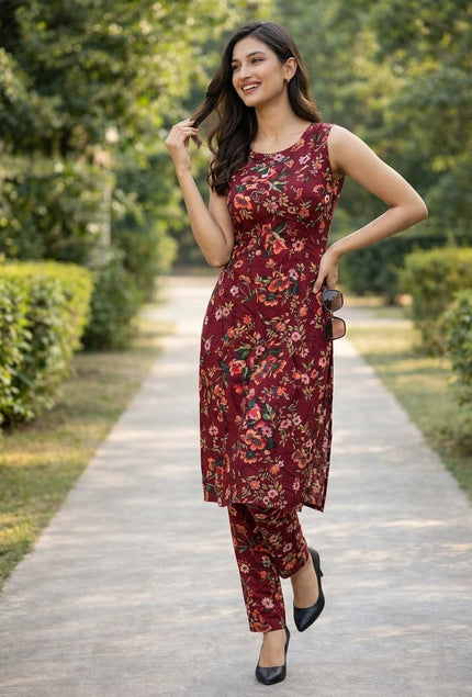Stylish Maroon Printed Kurta with Pants.
