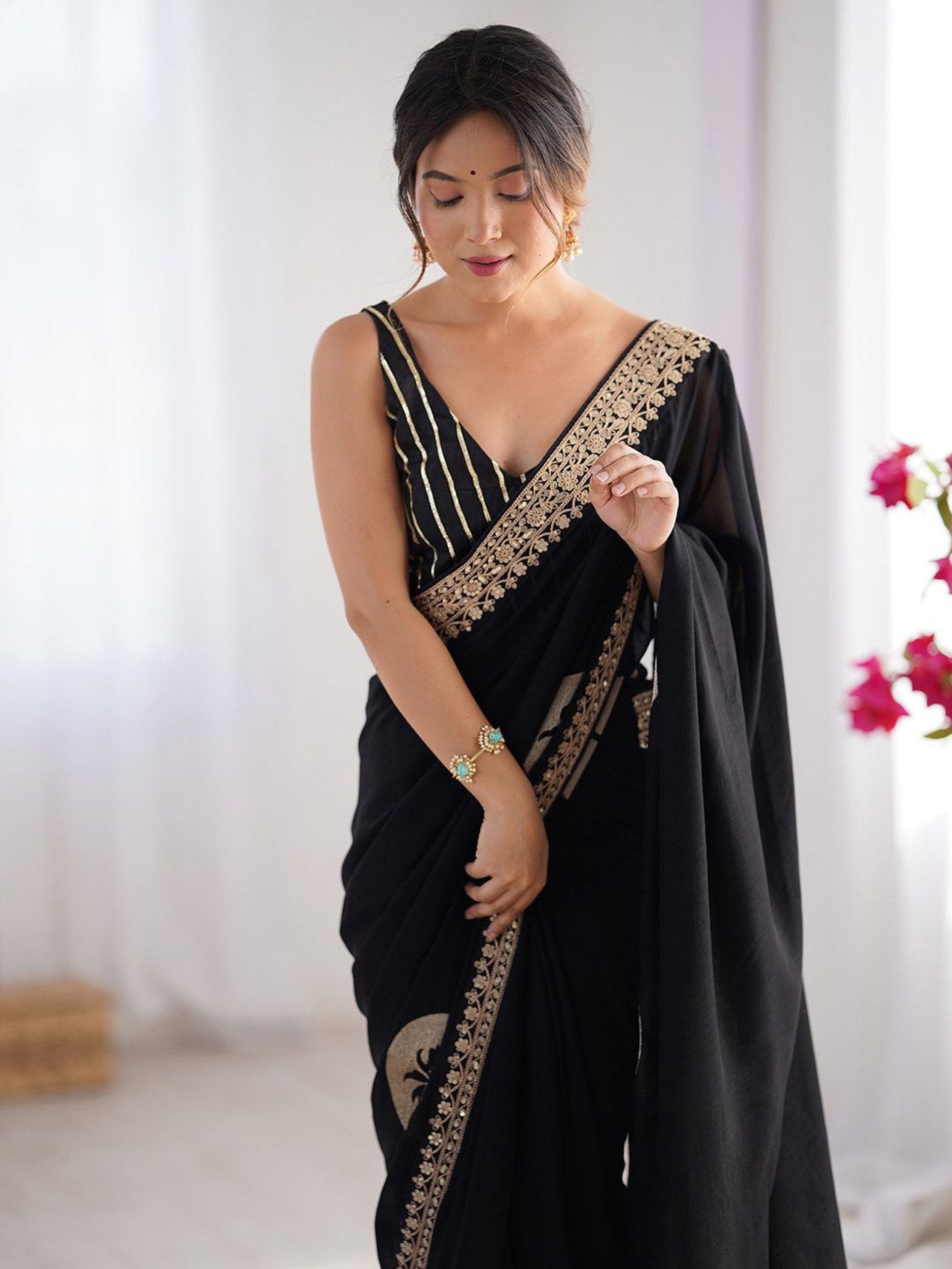 Black Embroidered Party Wear Saree for Women.