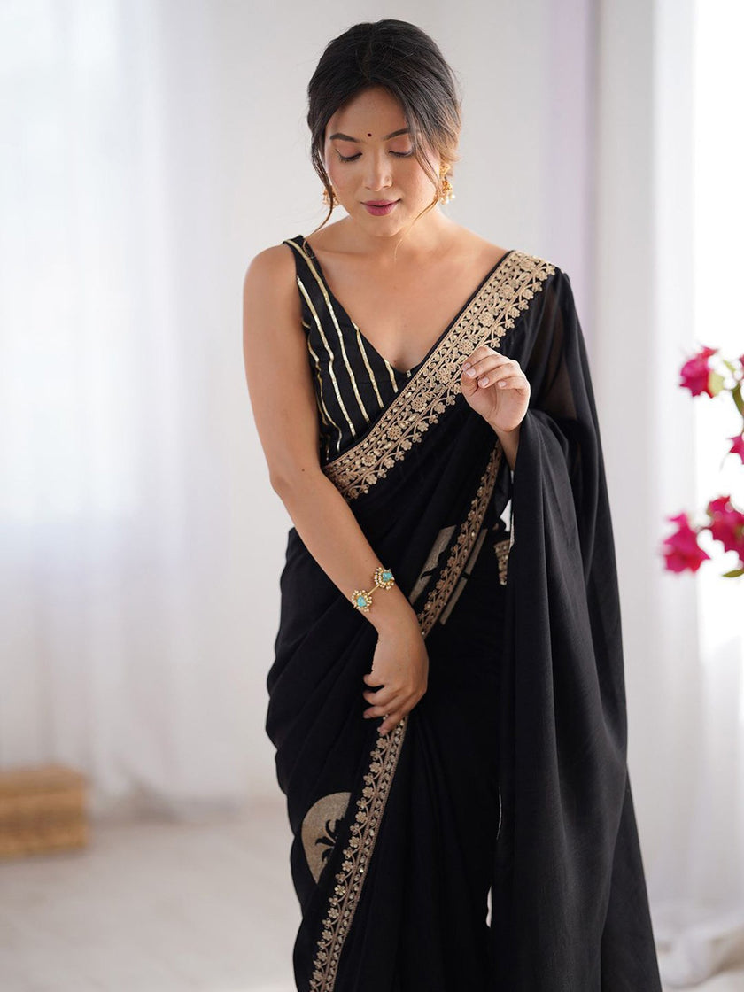 Black Embroidered Party Wear Saree for Women.