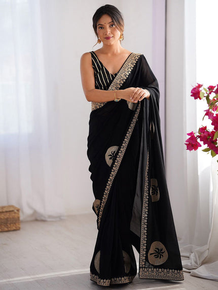Black Embroidered Party Wear Saree for Women.