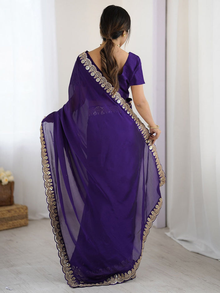Royal Purple Embroidered Party Wear Saree for Women.