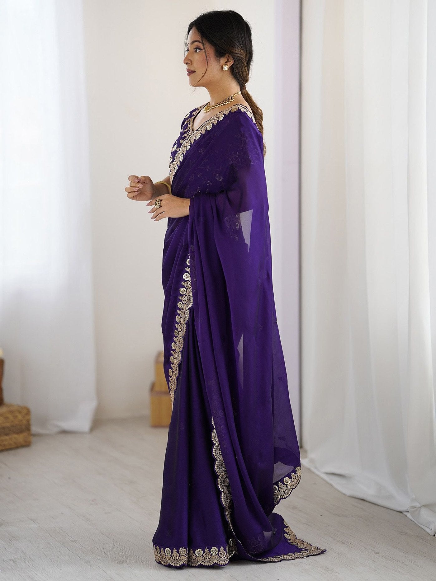Royal Purple Embroidered Party Wear Saree for Women.