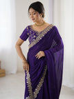 Royal Purple Embroidered Party Wear Saree for Women.