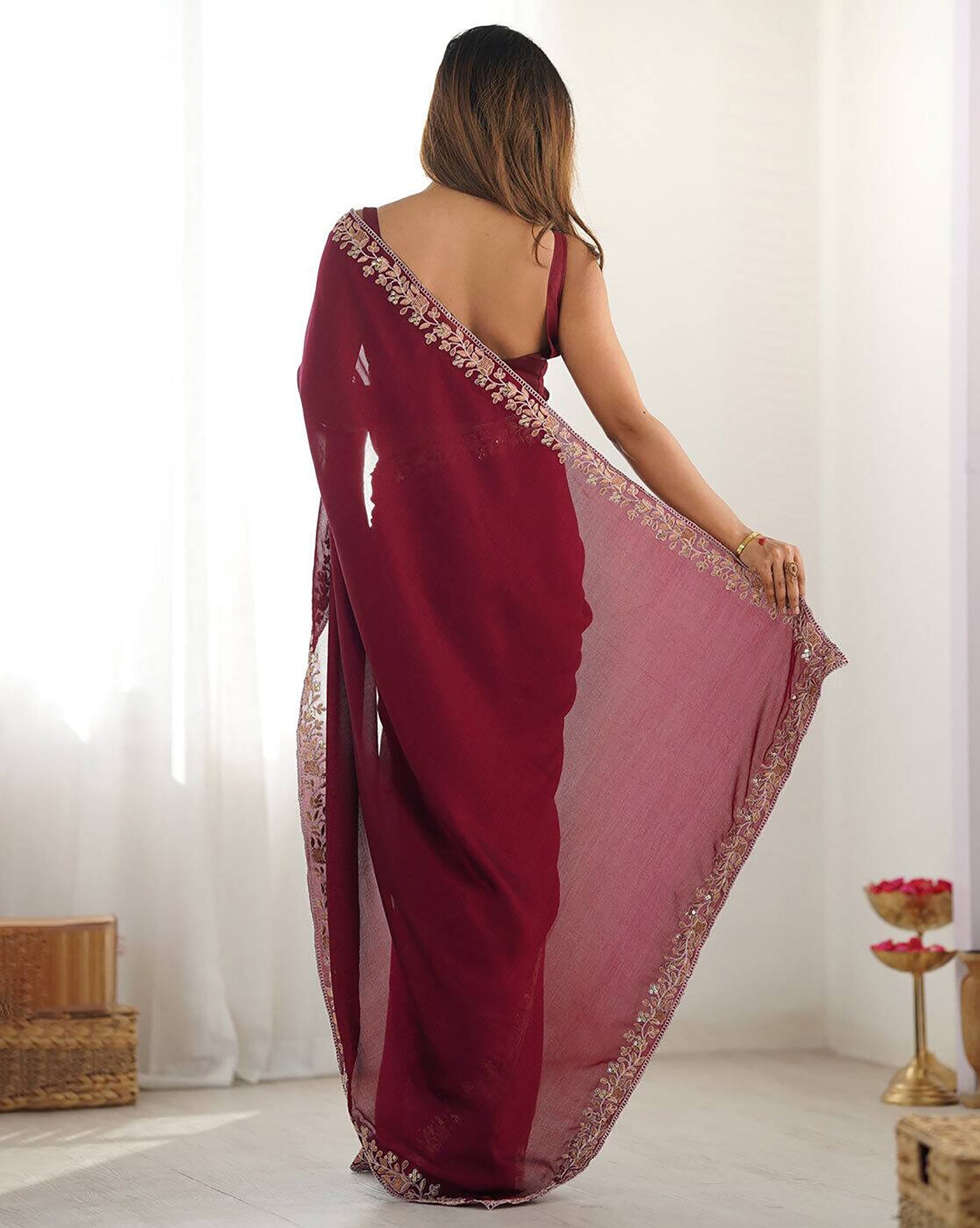 Designer Maroon Border Work Saree.
