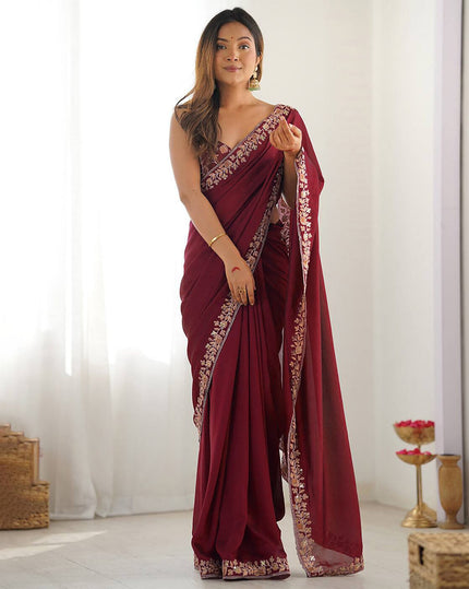 Designer Maroon Border Work Saree.