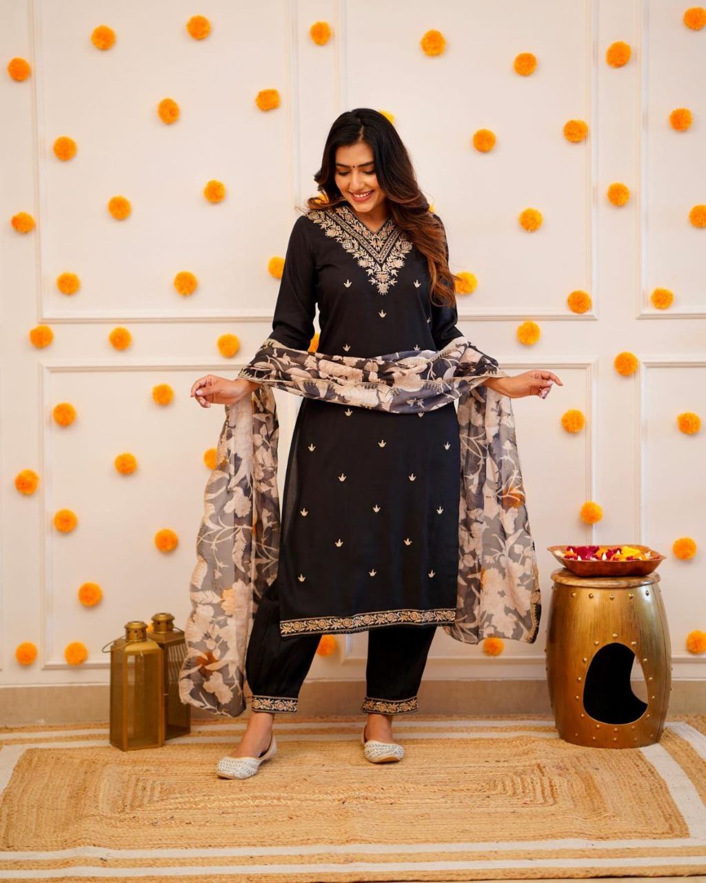 Designer Straight Kurta with Floral Dupatta.