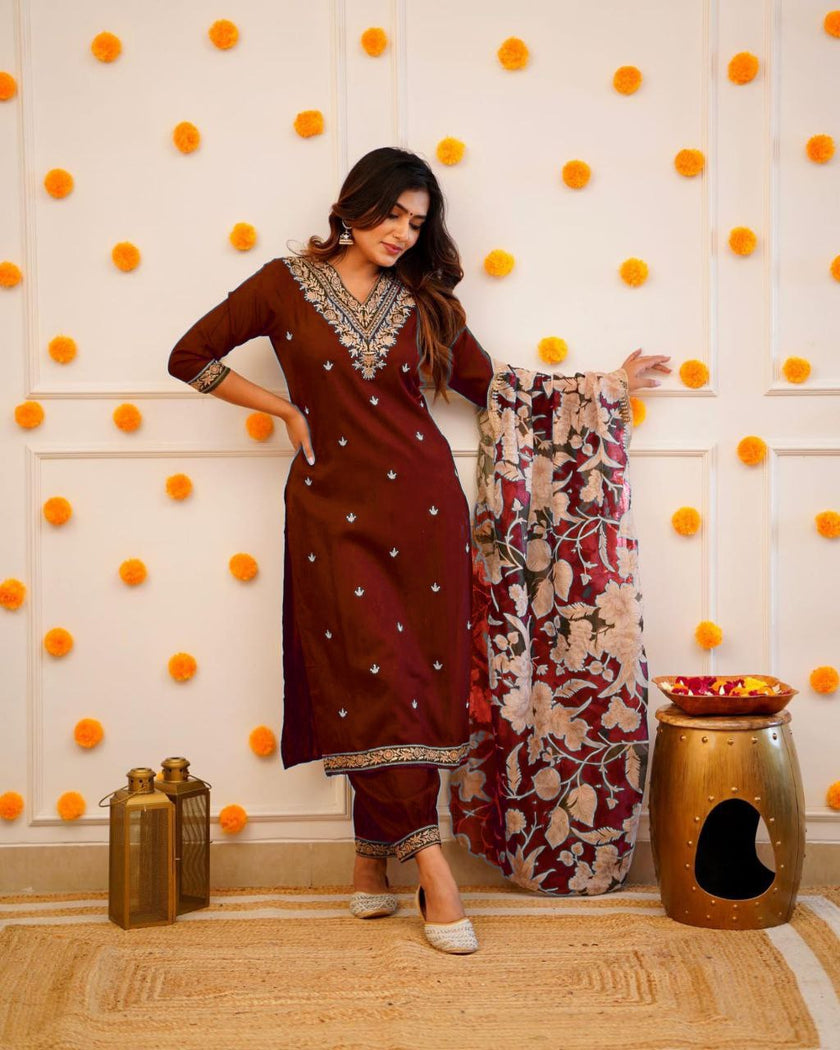 Designer Straight Kurta with Floral Dupatta.