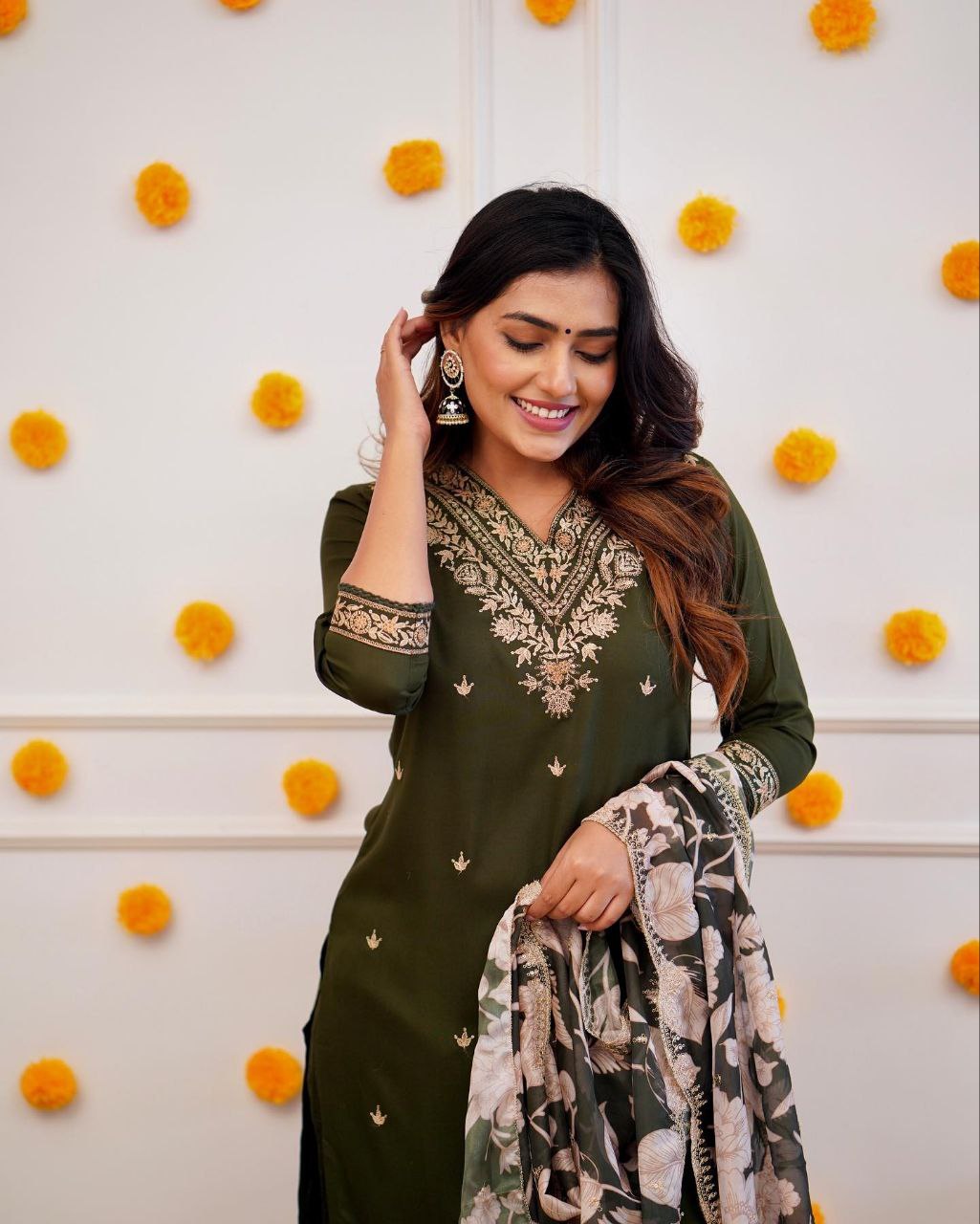 Designer Straight Kurta with Floral Dupatta.