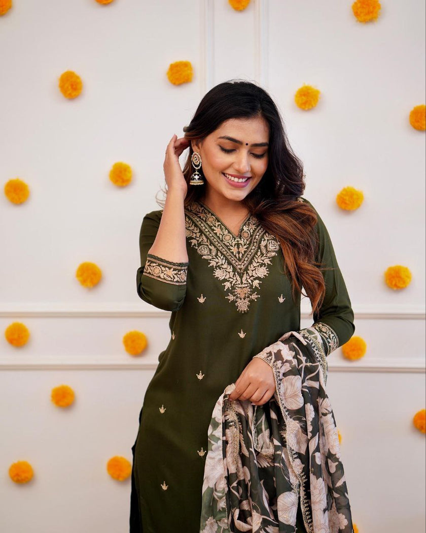 Designer Straight Kurta with Floral Dupatta.