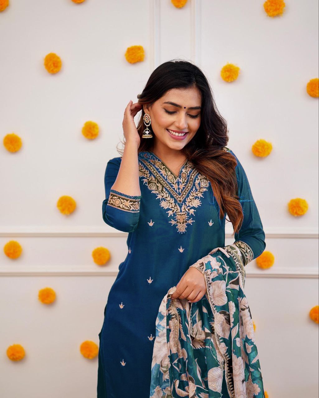 Designer Straight Kurta with Floral Dupatta.