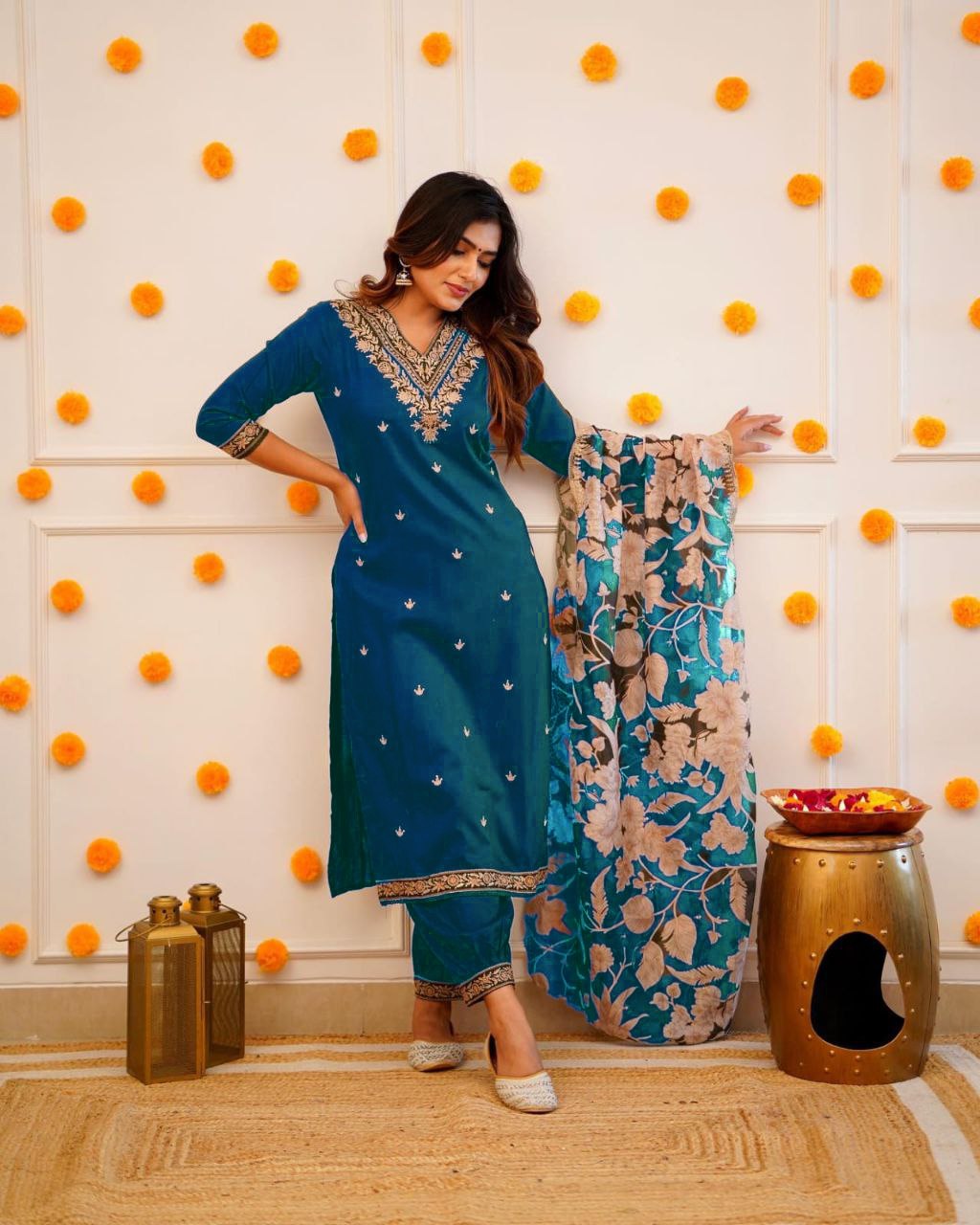 Designer Straight Kurta with Floral Dupatta.