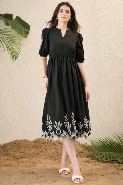 Elegant Black Floral Embroidered Midi Dress for Women.