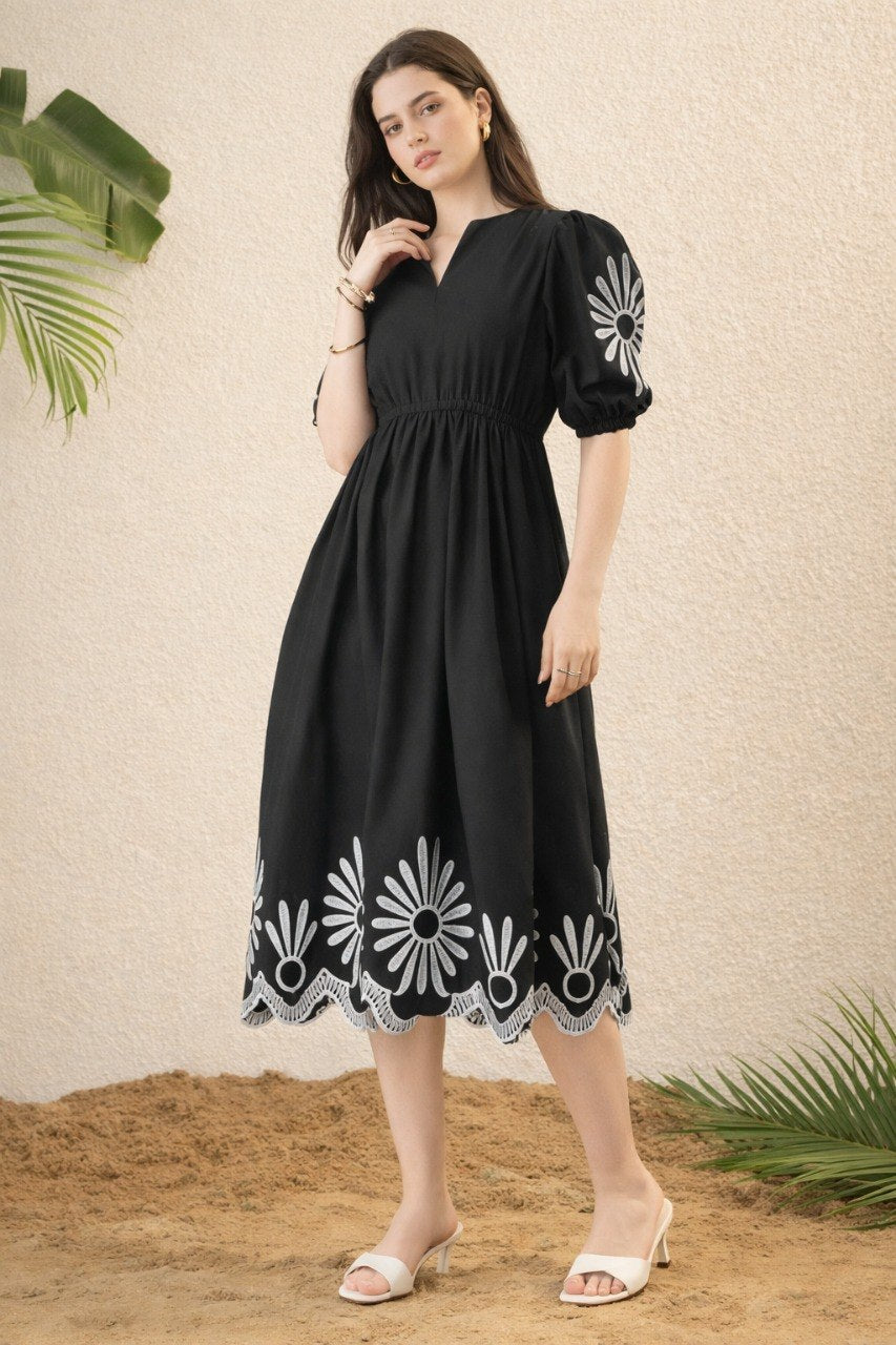 Elegant Black Floral Embroidered Midi Dress for Women.