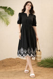 Elegant Black Floral Embroidered Midi Dress for Women.
