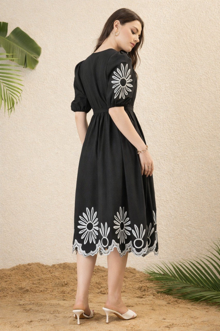 Elegant Black Floral Embroidered Midi Dress for Women.