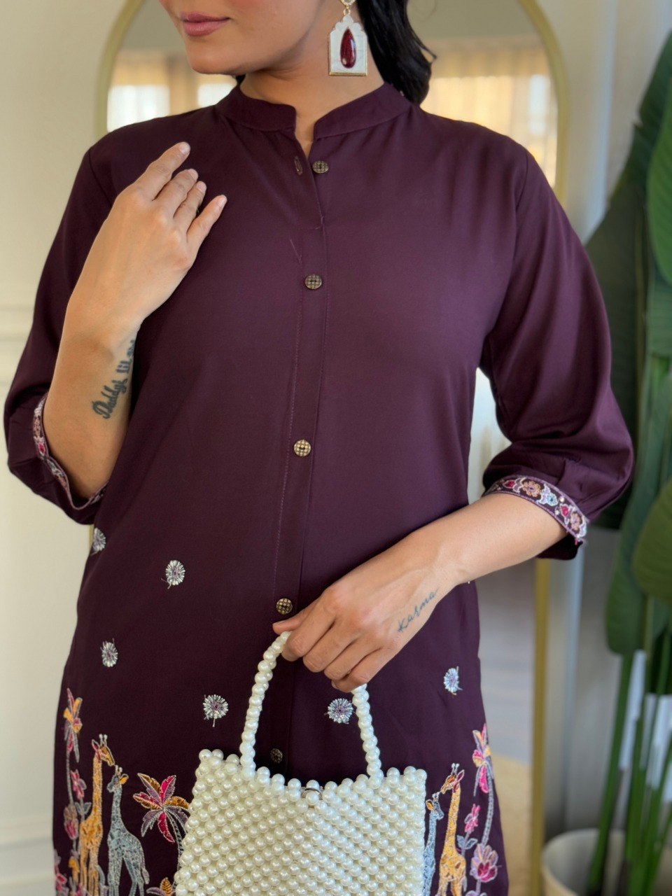 Wine Embroidered Co-Ord Set for Women Stylish Shirt Pant Set.