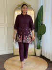 Wine Embroidered Co-Ord Set for Women Stylish Shirt Pant Set.