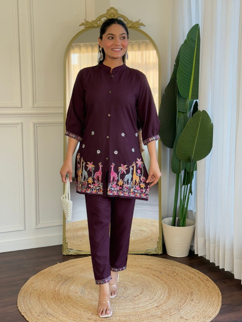 Wine Embroidered Co-Ord Set for Women Stylish Shirt Pant Set.