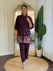 Wine Embroidered Co-Ord Set for Women Stylish Shirt Pant Set.