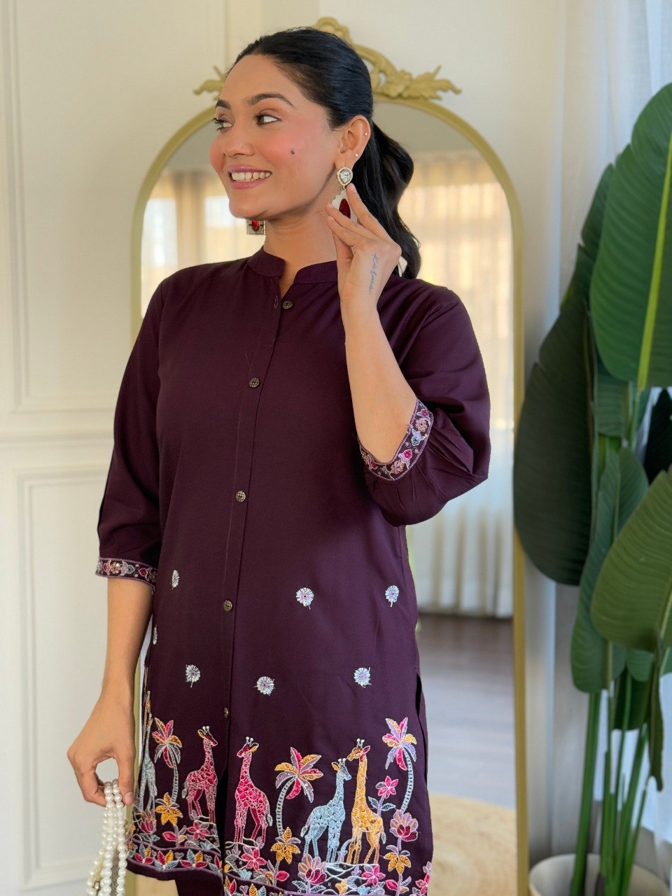 Wine Embroidered Co-Ord Set for Women Stylish Shirt Pant Set.
