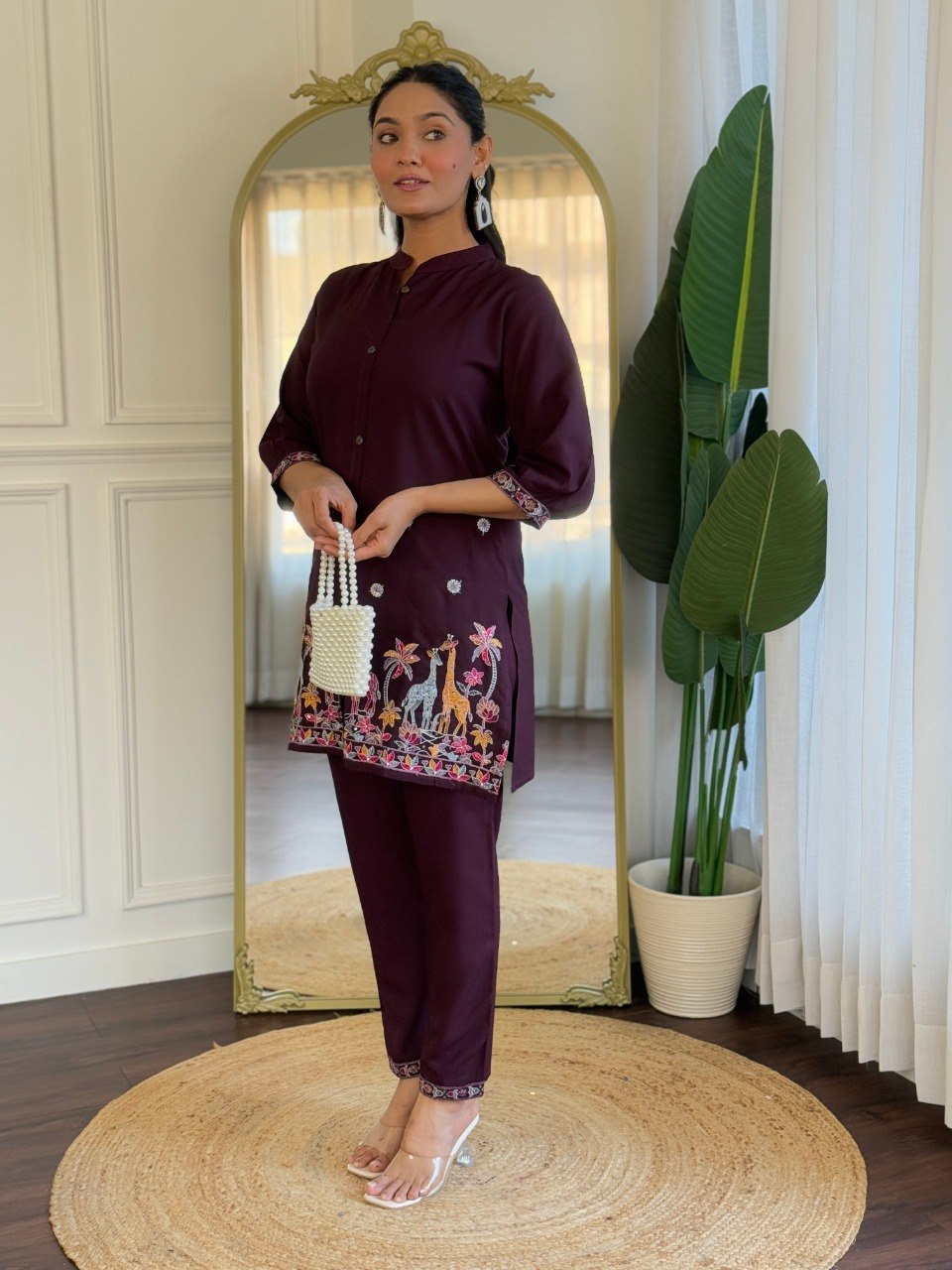 Wine Embroidered Co-Ord Set for Women Stylish Shirt Pant Set.