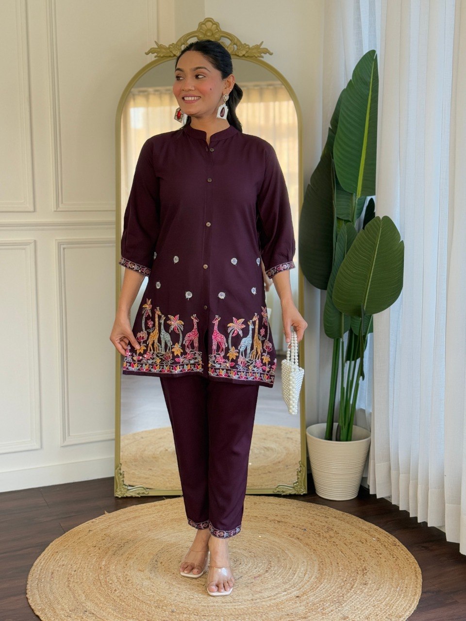 Wine Embroidered Co-Ord Set for Women Stylish Shirt Pant Set.