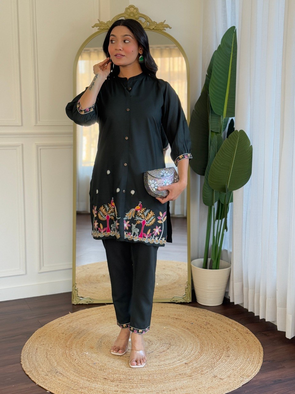 Black Embroidered Co-Ord Set for Women Stylish Shirt Pant Set.