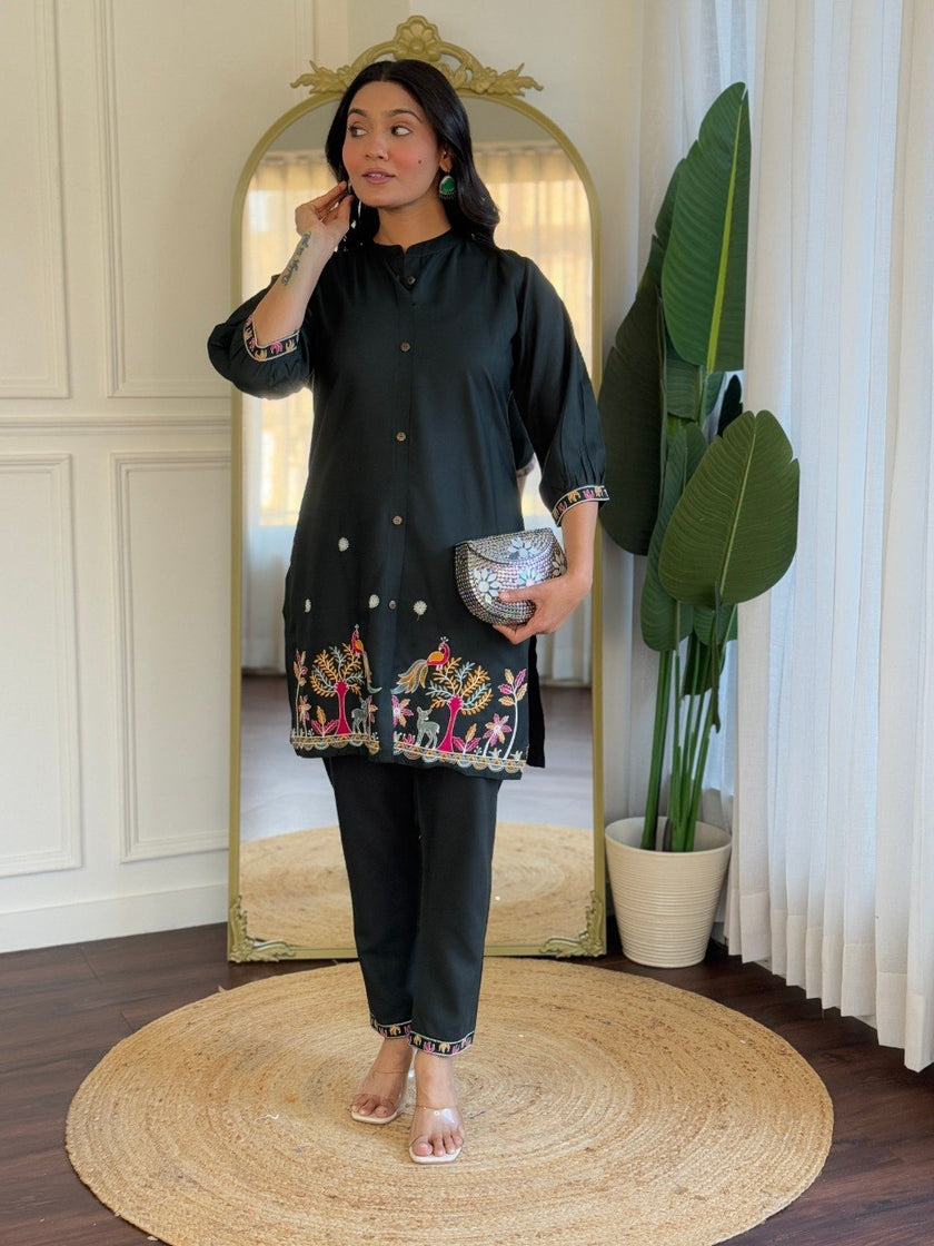 Black Embroidered Co-Ord Set for Women Stylish Shirt Pant Set.