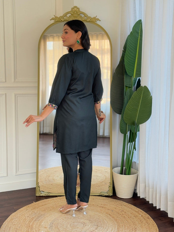 Black Embroidered Co-Ord Set for Women Stylish Shirt Pant Set.