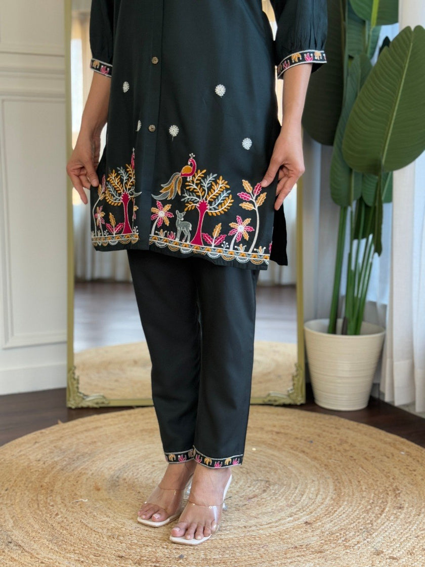 Black Embroidered Co-Ord Set for Women Stylish Shirt Pant Set.