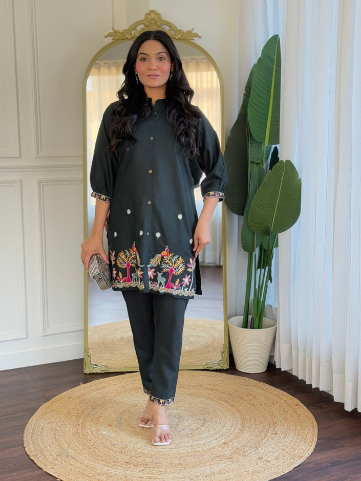 Black Embroidered Co-Ord Set for Women Stylish Shirt Pant Set.