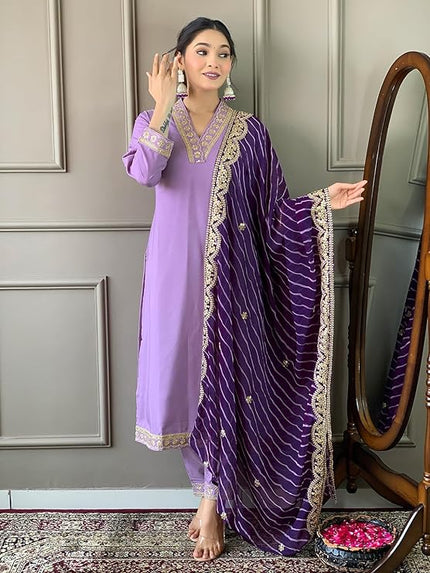Designer Lavender Kurti with Striped Dupatta.