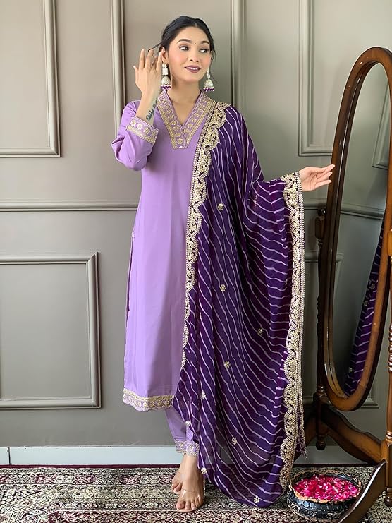 Designer Lavender Kurti with Striped Dupatta.