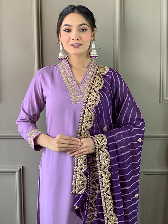 Designer Lavender Kurti with Striped Dupatta.