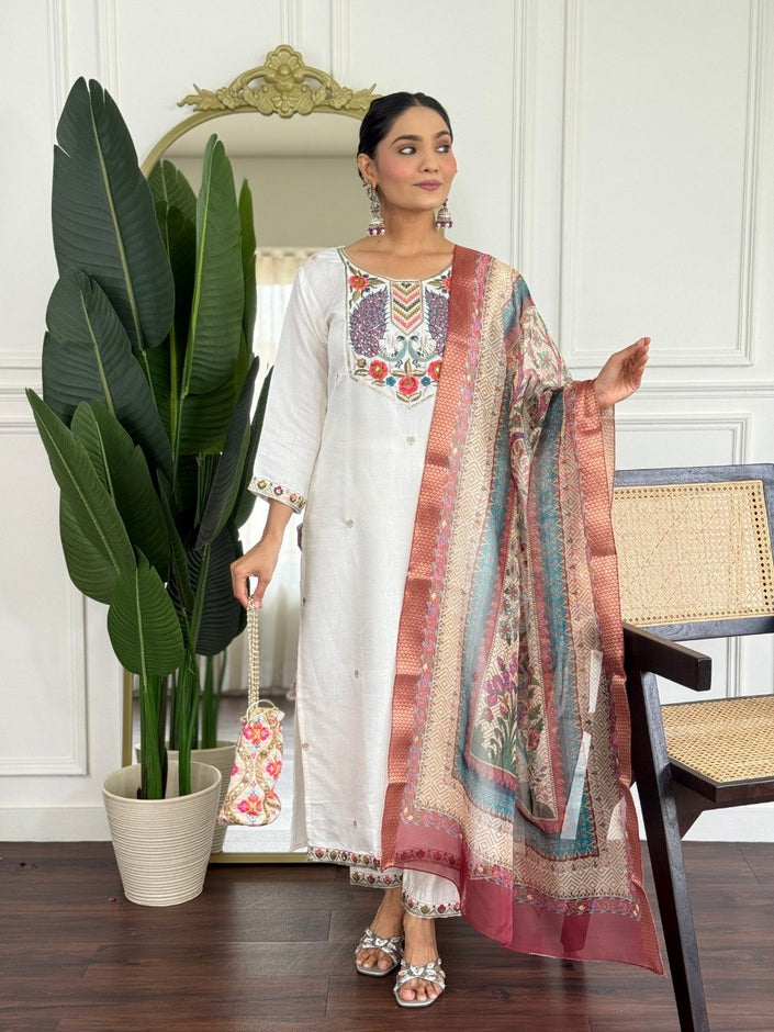 Classy Cream Embroidered Kurta Set with Statement Dupatta.