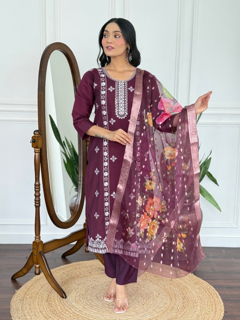 Classy Plum Embroidered Kurta Set for Festive Wear.