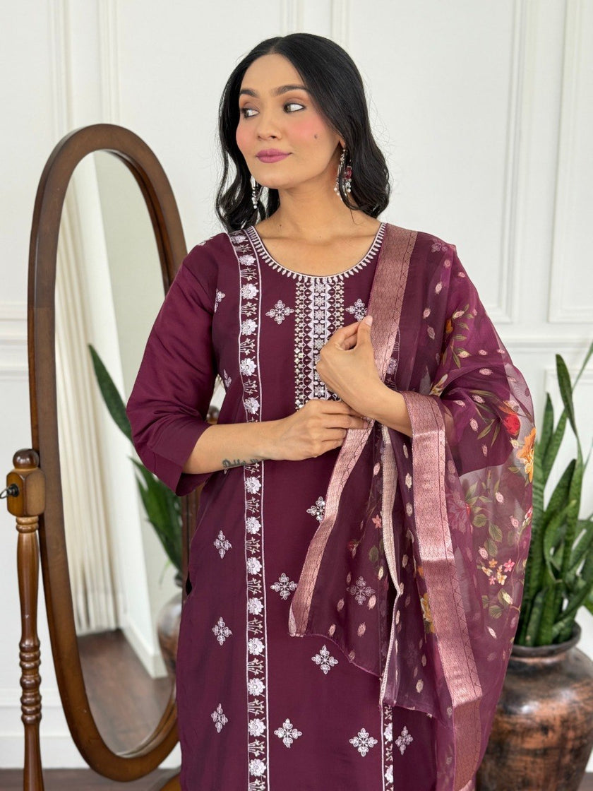 Classy Plum Embroidered Kurta Set for Festive Wear.